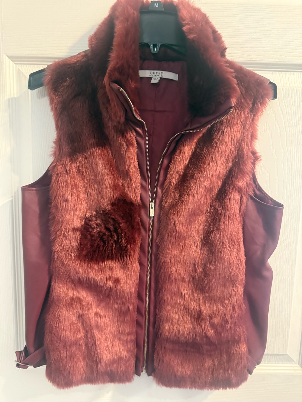 GUESS Faux Fur Vest in Rich Burgundy Size L